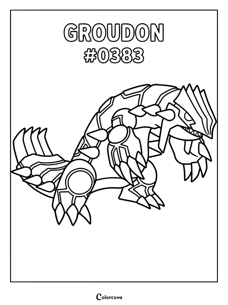A detailed black and white line art coloring page of the legendary Pokemon Groudon #0383 in a powerful stance.