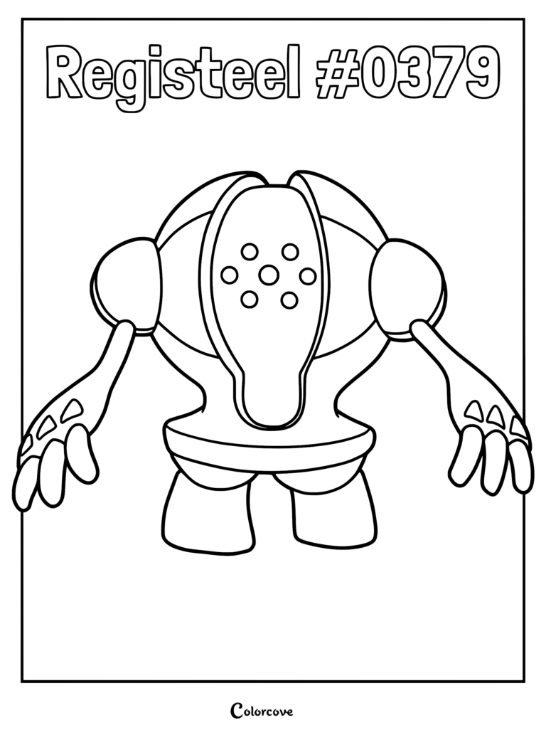 Registeel coloring page featuring the metallic Pokemon with its signature dot-pattern face and three-fingered hands.