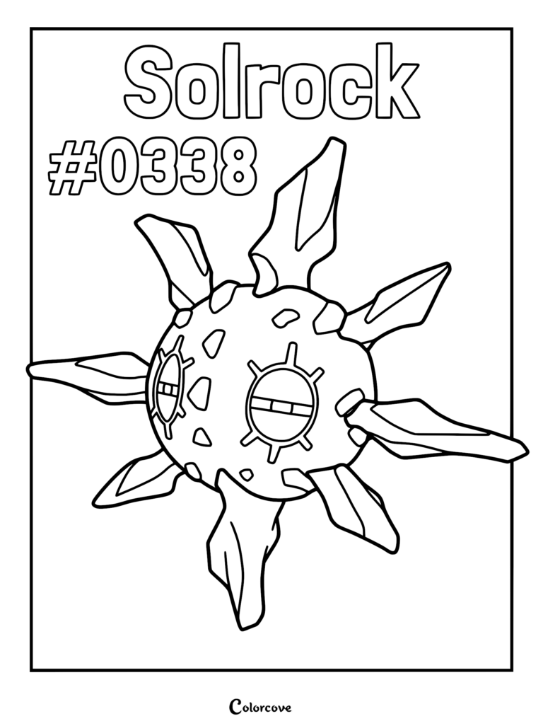 Solrock Pokemon #0338 with its signature sun-like rocky body and sharp spikes in a printable coloring page format.