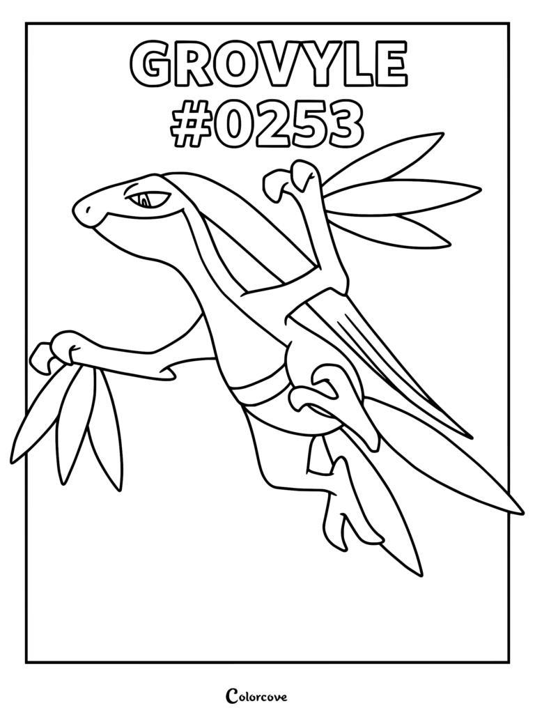Grovyle #0253 Pokemon Hoenn coloring page featuring the grass-type creature in a dynamic leaping pose with leaf-like arms.