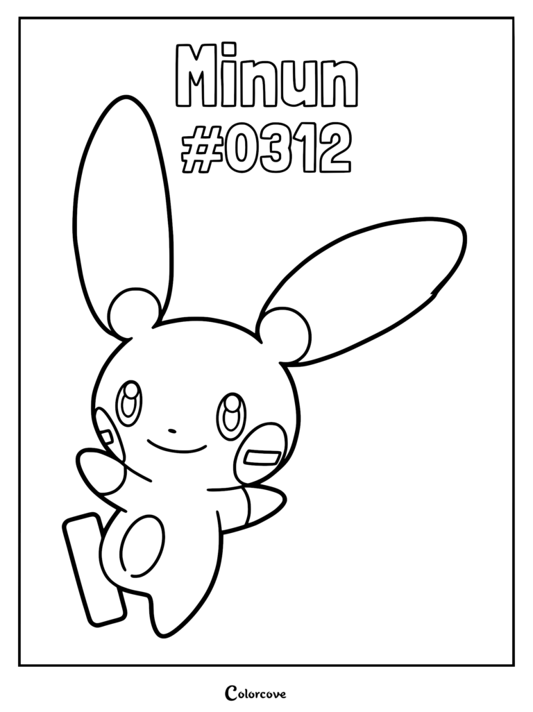 Minun Pokemon #0312 line art coloring page featuring the electric rabbit character with long ears and minus symbols on its cheeks.