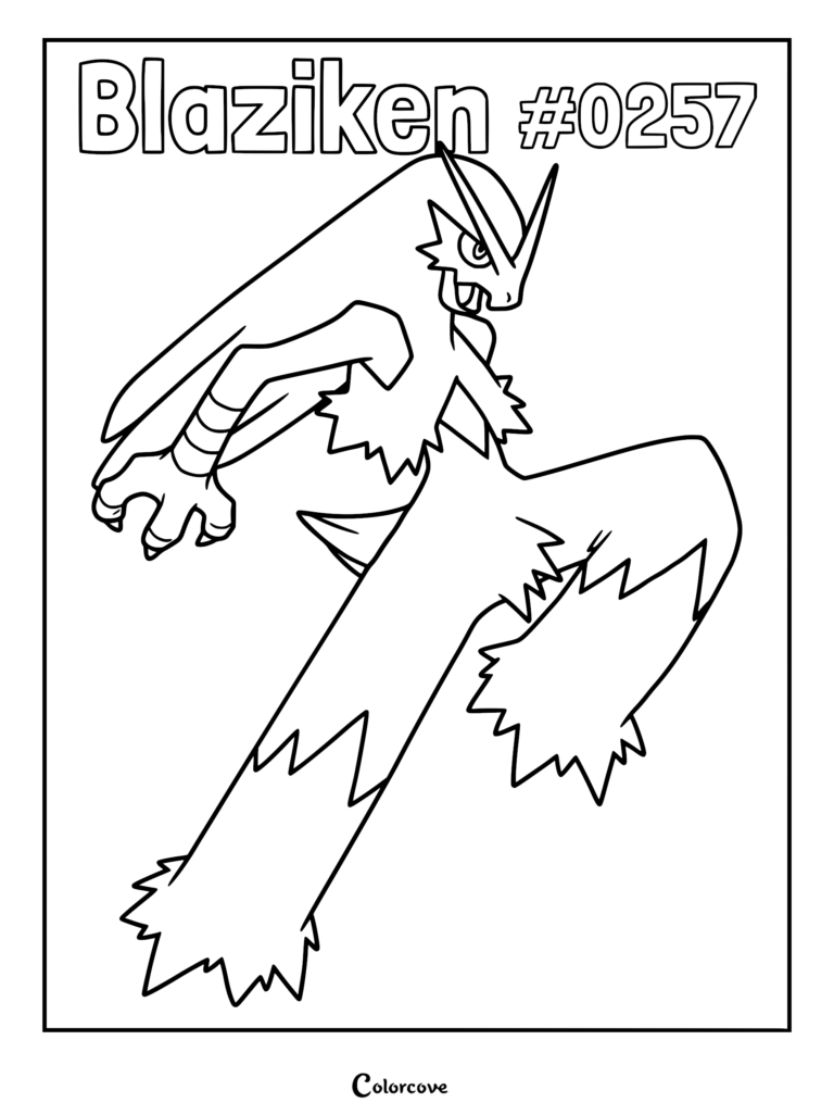 Blaziken in a dynamic martial arts pose for this printable Pokemon Hoenn coloring page