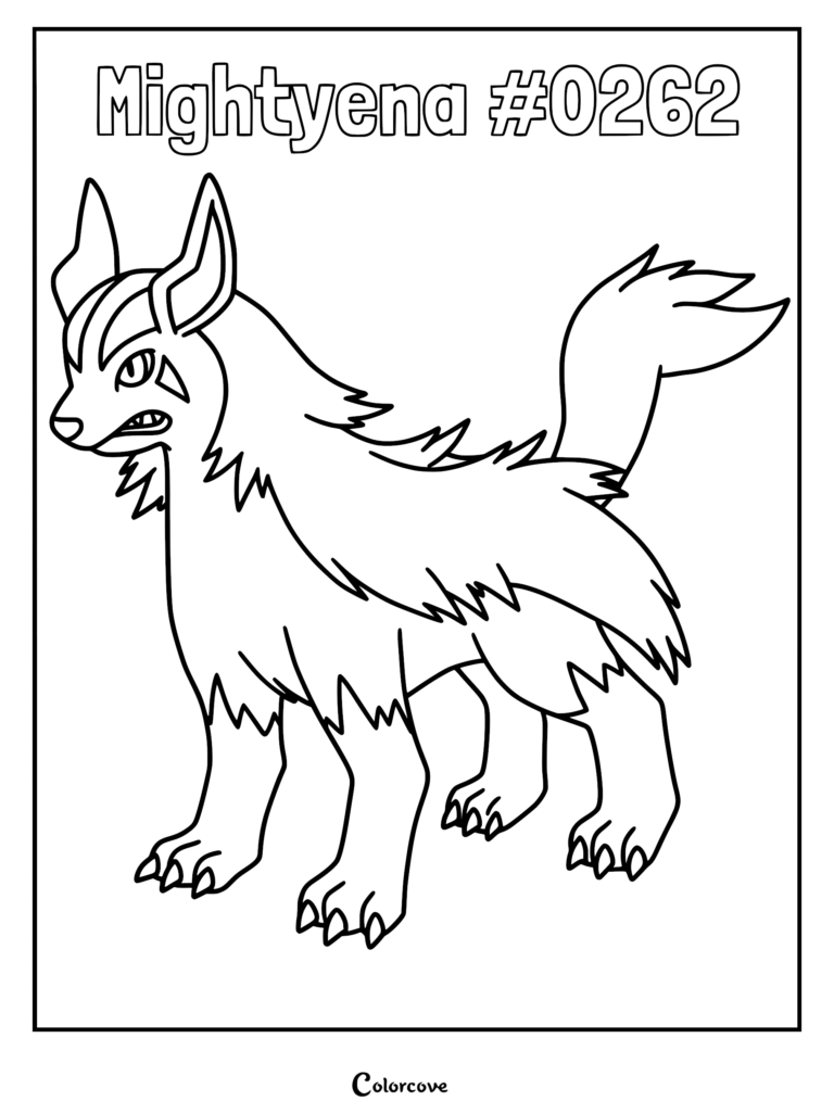 A printable coloring page featuring the Hoenn Pokemon Mightyena #0262 standing in a side profile view with sharp claws and thick fur.