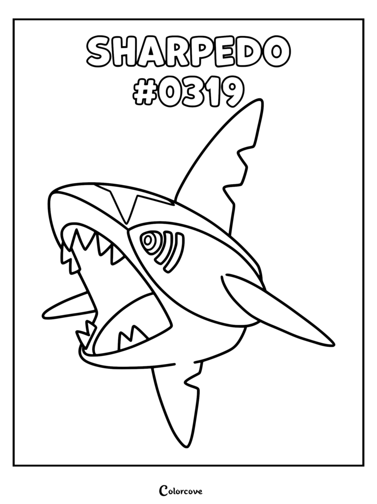 Sharpedo Pokemon #0319 with mouth wide open in a printable coloring page format