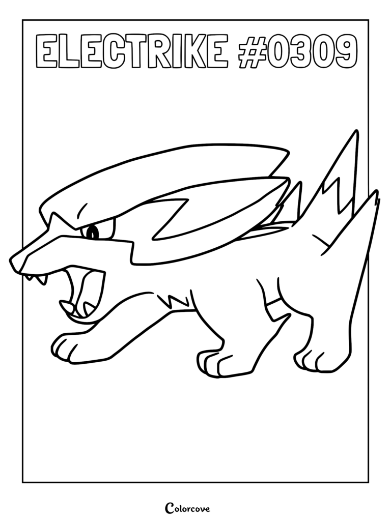 Electrike #0309 standing in a dynamic pose with mouth open in this printable coloring page