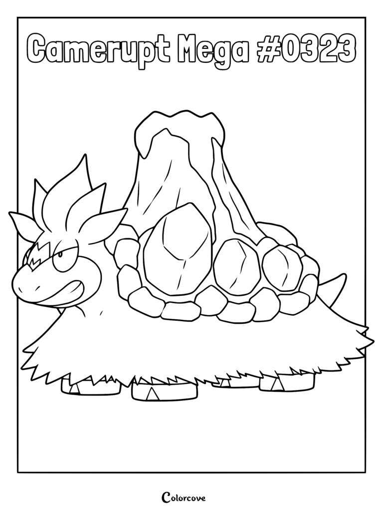 Mega Camerupt Pokemon Hoenn coloring page featuring the volcanic creature with large crystal humps and shaggy fur.