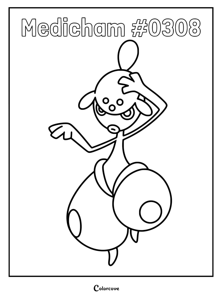 Medicham #0308 in a dynamic martial arts pose for a printable coloring page