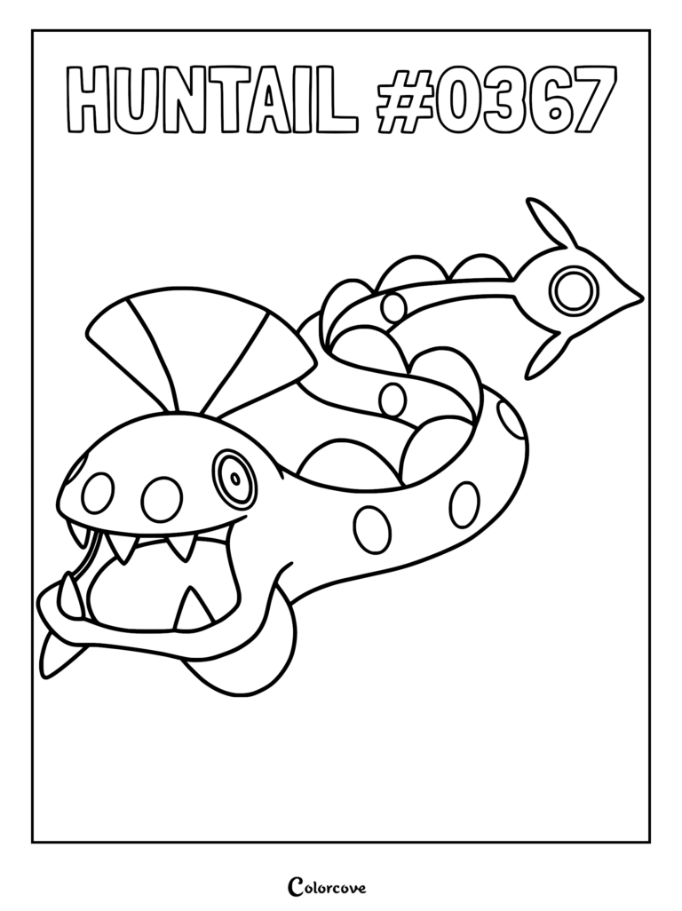 Huntail #0367 Pokemon coloring page featuring the eel-like creature with its mouth open and spotted body coiled in a loop.
