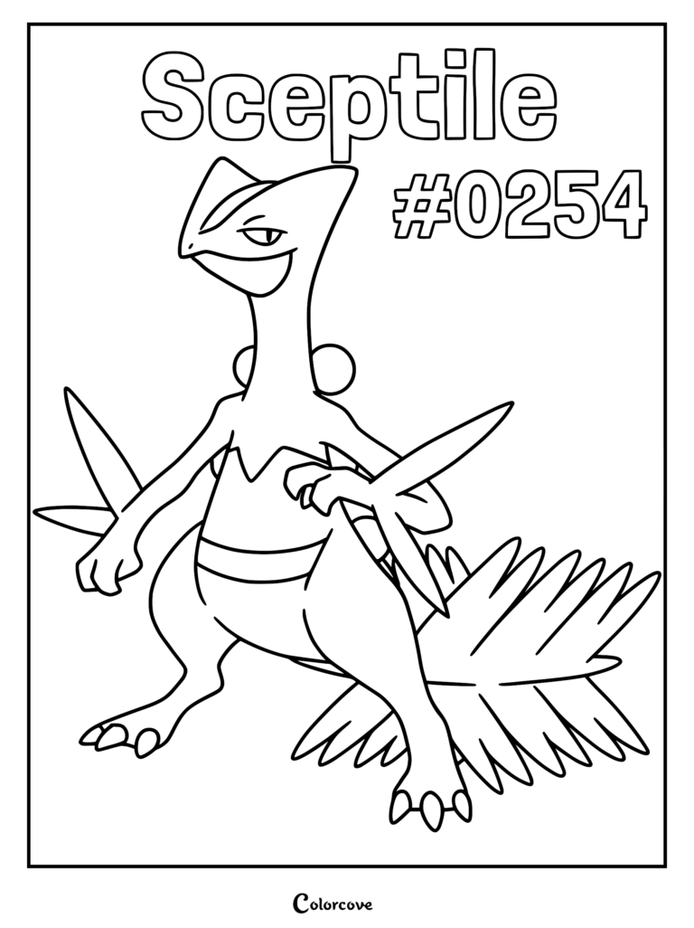 Sceptile #0254 Pokemon coloring page featuring the Hoenn grass-type standing with leaf blades on its arms.