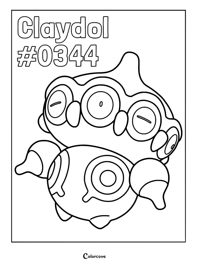 A black and white line art coloring page of the Pokemon Claydol #0344 featuring its multiple eyes and floating clay body.