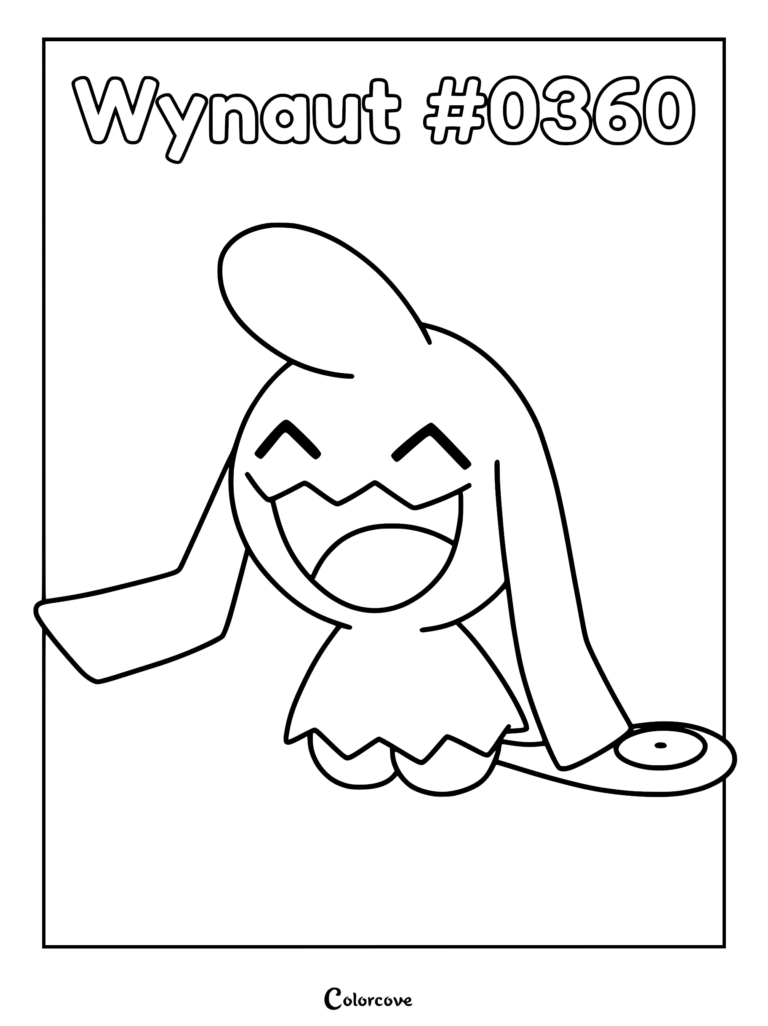 A printable coloring page featuring the Hoenn Pokemon Wynaut #0360 with a large smile and long ears.