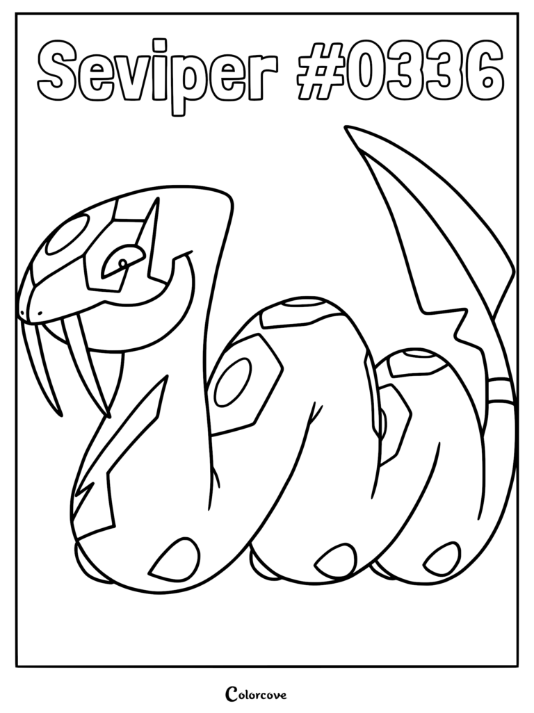 Seviper #0336 Pokemon Hoenn coloring page featuring the snake-like creature with its signature blade-shaped tail and sharp fangs.