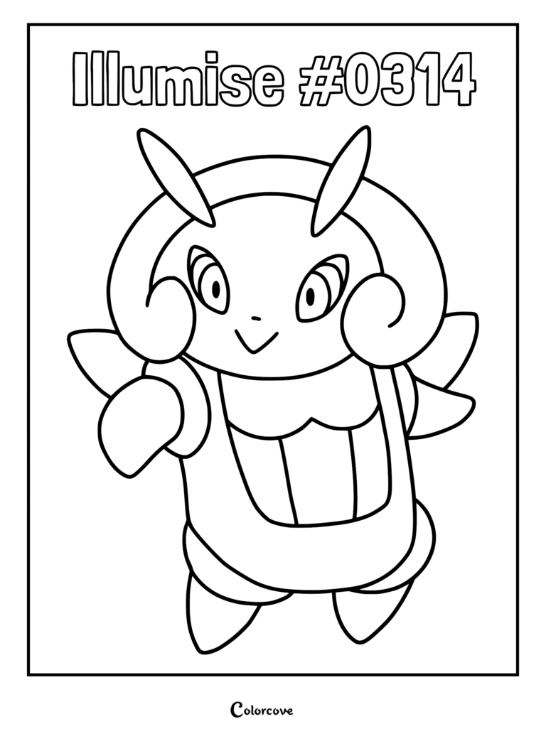 A printable coloring page featuring the Hoenn Pokemon Illumise #0314 with its signature antennae and wings.