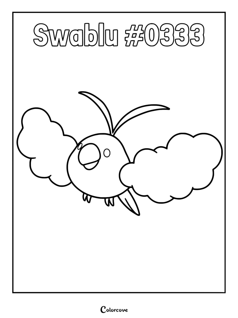 Swablu #0333 Pokemon coloring page featuring the bird-like creature with cloud-shaped wings and two antennae.