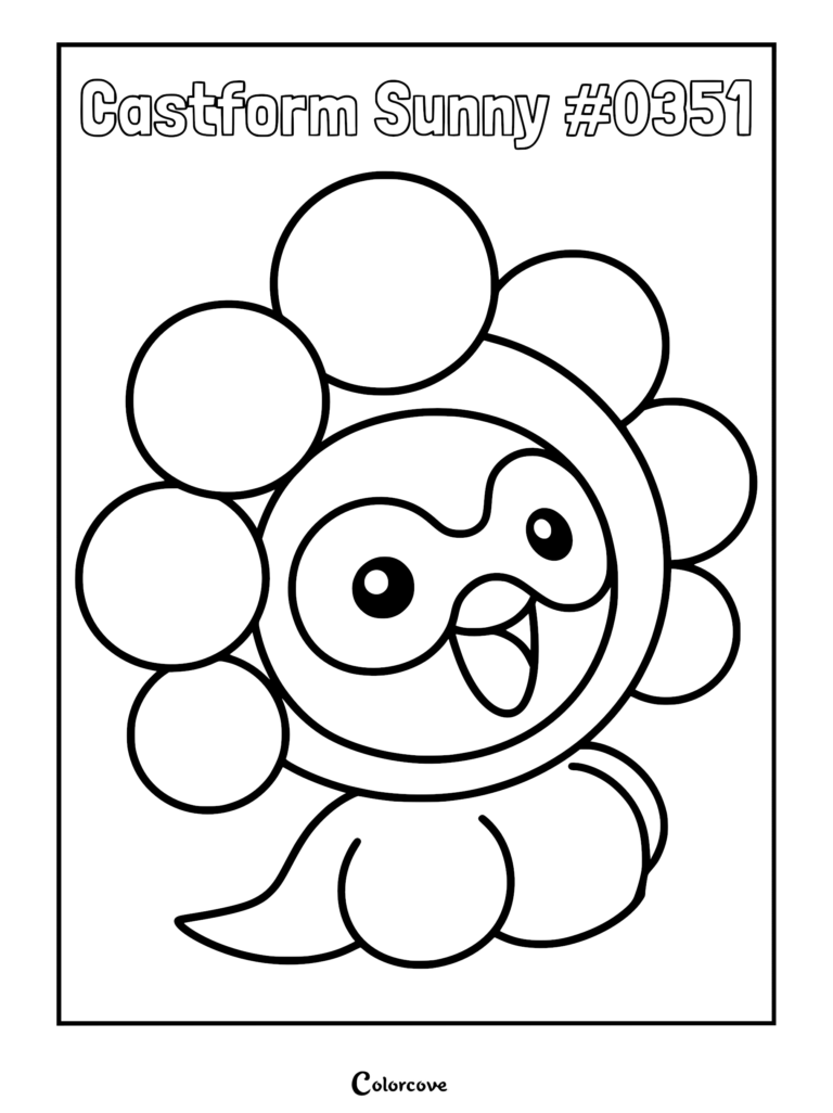 A printable coloring page featuring Castform in its Sunny Form with a circular sun-like head and happy expression.