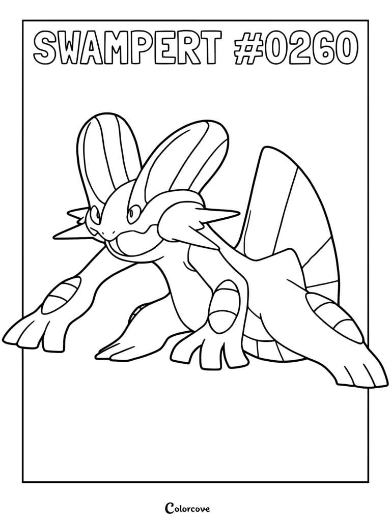 Swampert #0260 standing in a powerful pose, a detailed Pokemon coloring page with bold outlines.