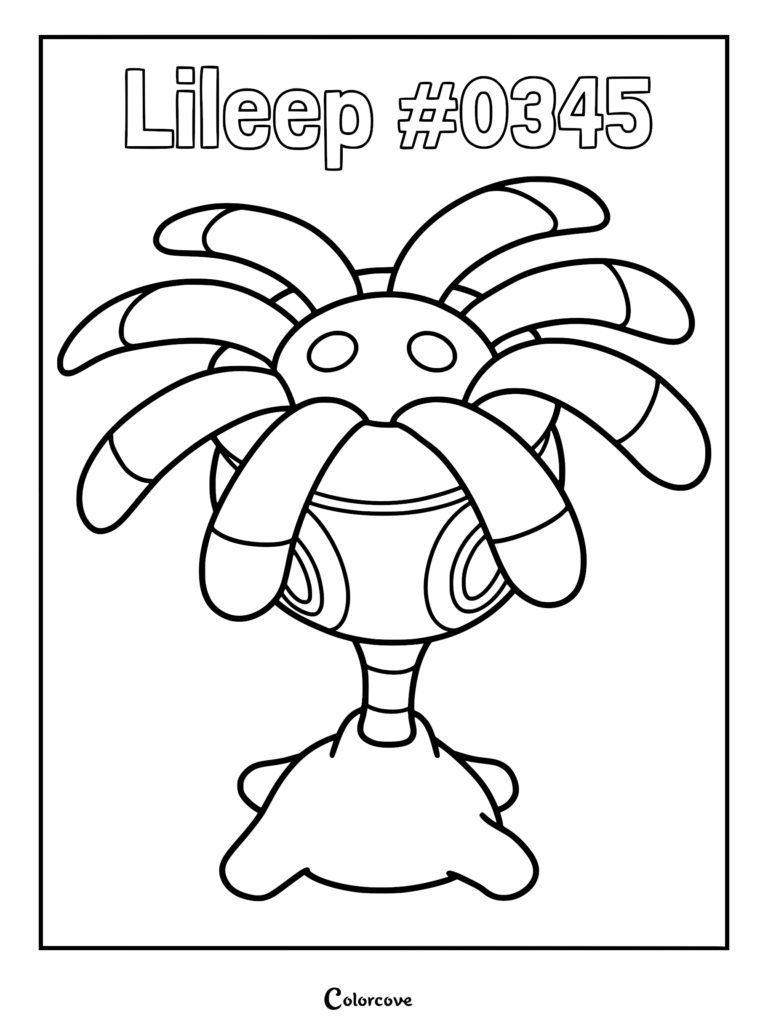 Lileep #0345 Pokemon coloring page featuring the fossil creature with eight tentacles and a suction cup base.