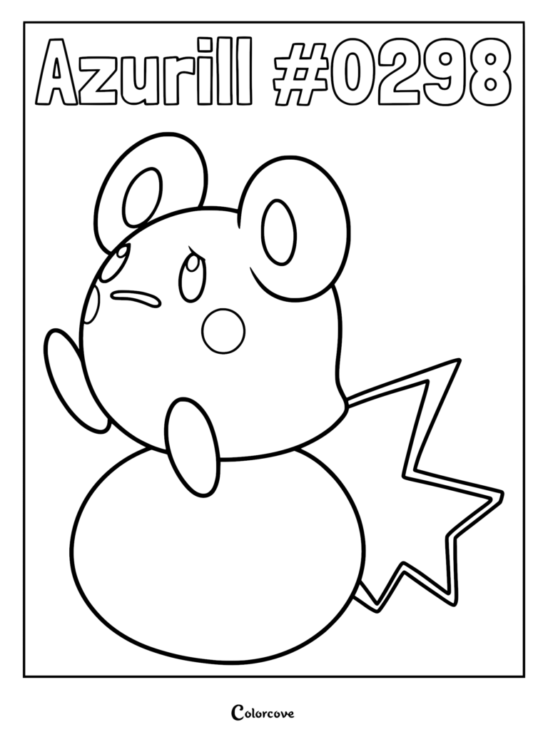 A printable coloring page featuring Azurill #0298 with its signature round body and star-shaped tail.