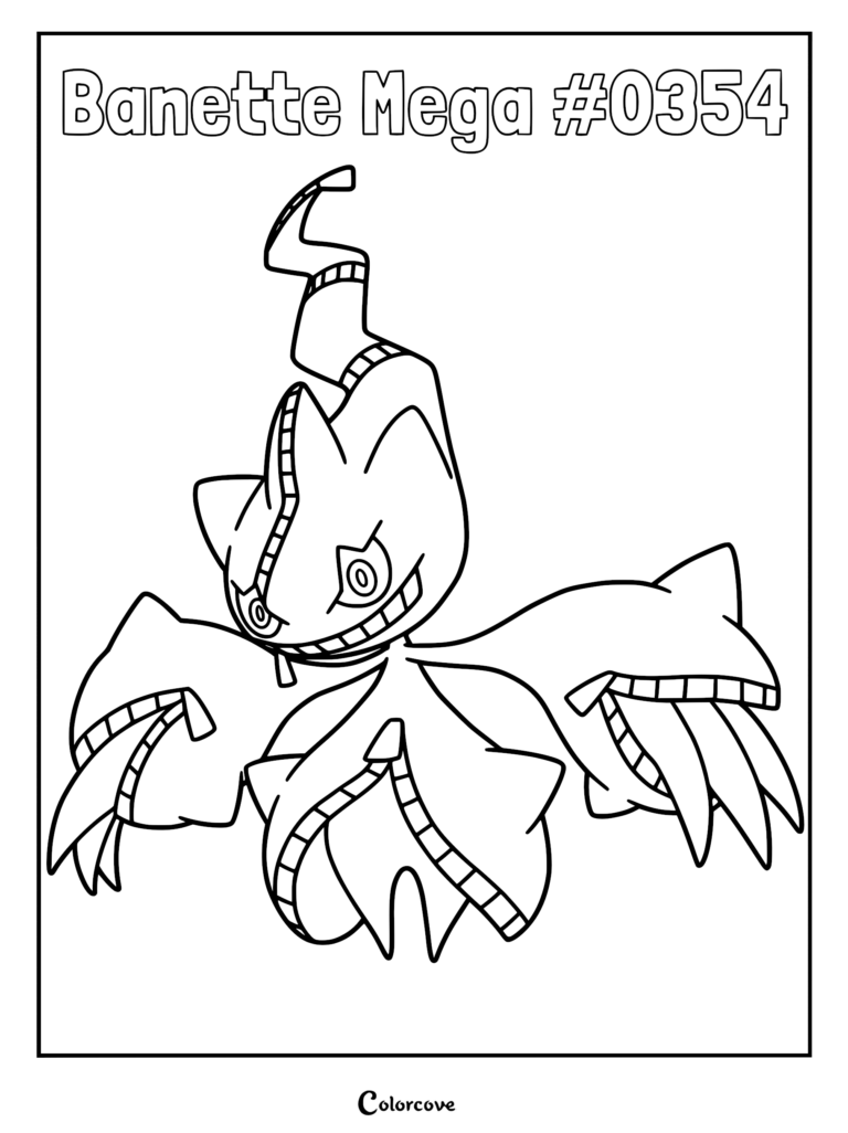 Mega Banette coloring page featuring the ghost-type Pokemon with its signature zipper mouth and clawed hands.