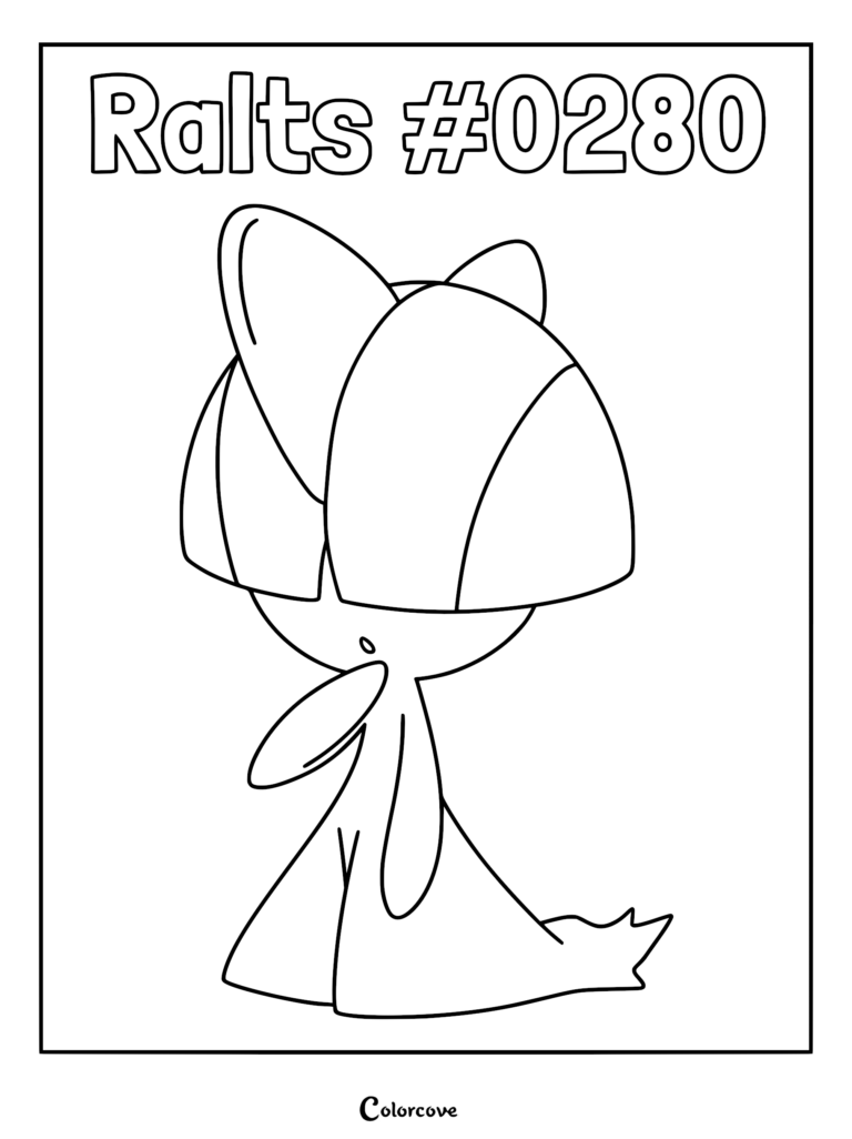 A simple black and white coloring page featuring the Hoenn Pokemon Ralts #0280 with its signature bowl-cut hair and shy posture.