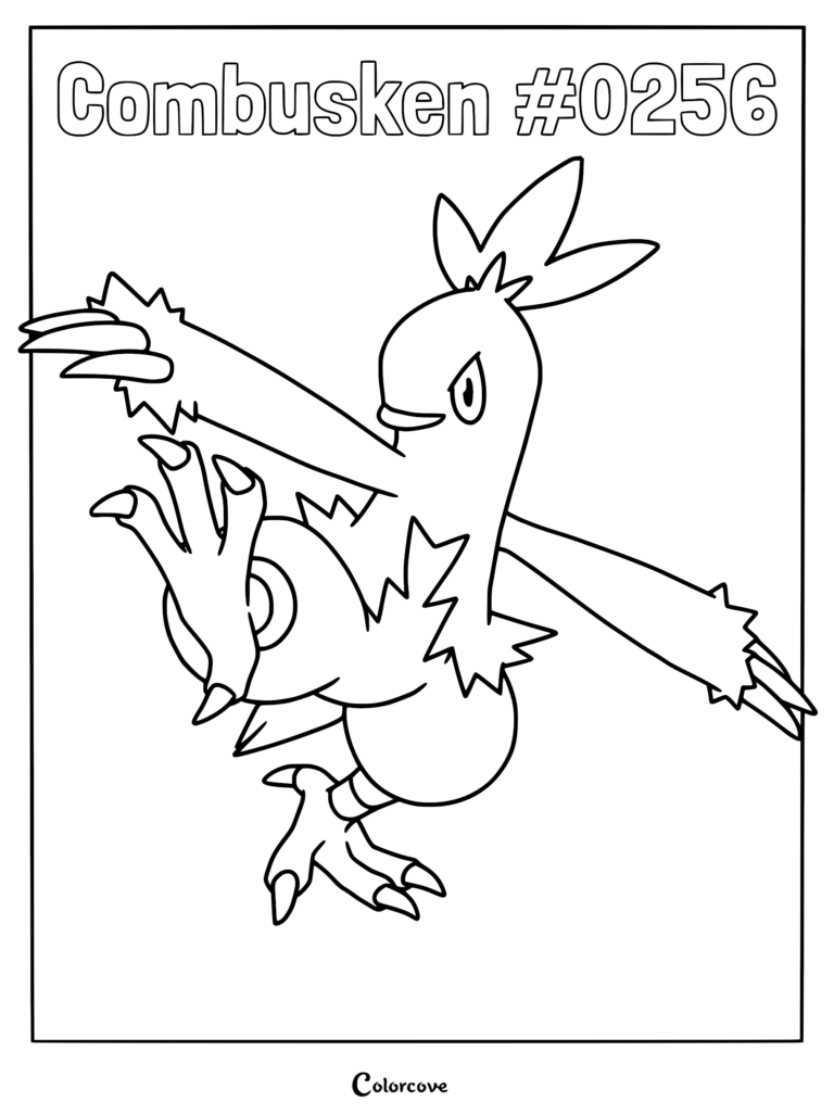 A line art coloring page of Combusken #0256 in a dynamic martial arts kicking pose with sharp claws and feathered crest.