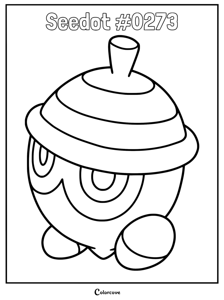A clean line art coloring page of the Hoenn Pokemon Seedot #0273, featuring its acorn-like cap and round body.