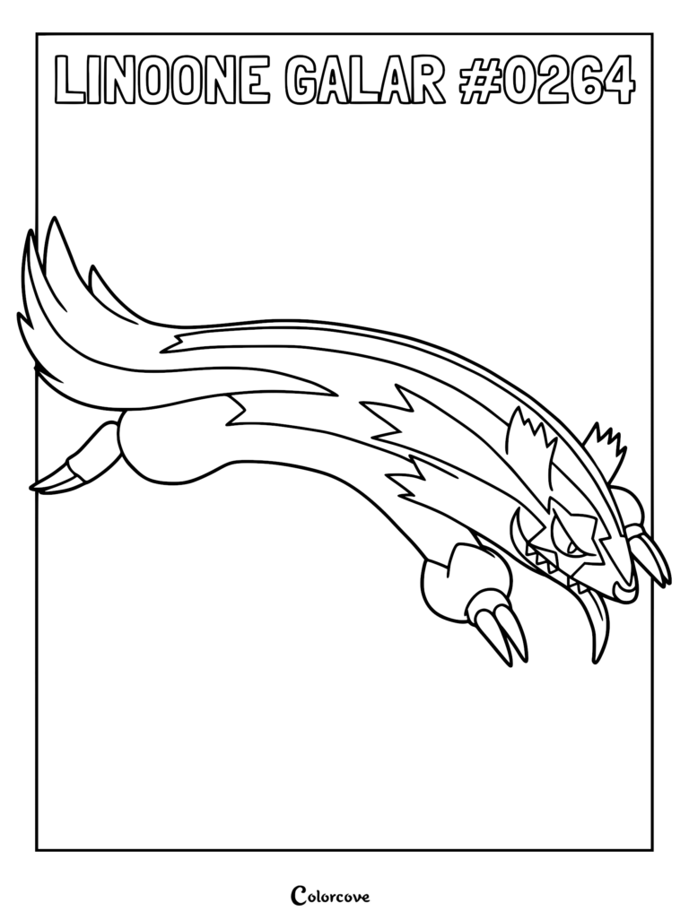 Galarian Linoone in a dynamic running pose, featured on a printable coloring page with its name and Pokedex number #0264.
