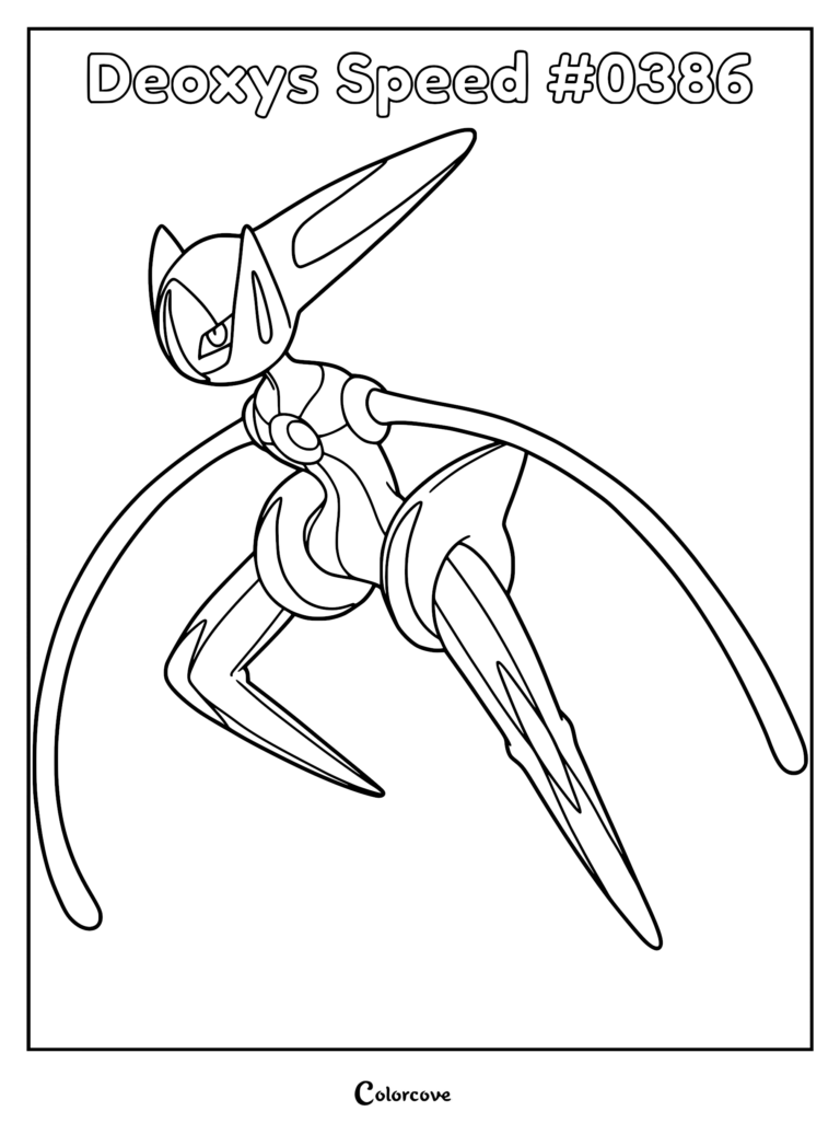 Deoxys Speed Forme in a dynamic running pose on a printable coloring page.