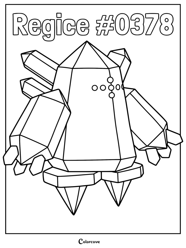 A detailed Regice #0378 coloring page featuring the crystalline legendary Pokemon with its signature dot-pattern face and geometric ice limbs.