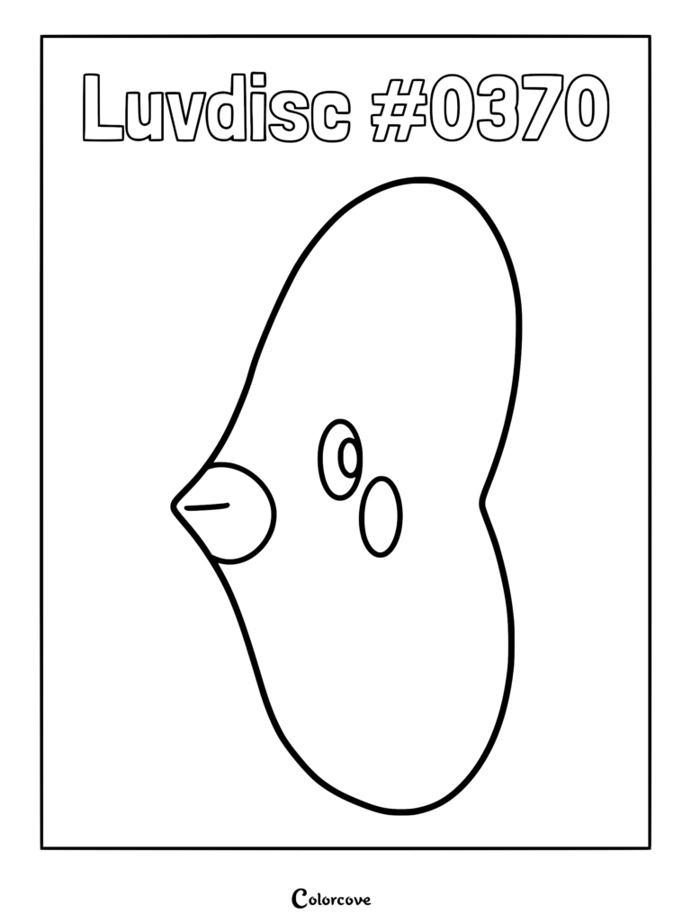 A simple line art coloring page of the heart-shaped Pokemon Luvdisc #0370 facing left.