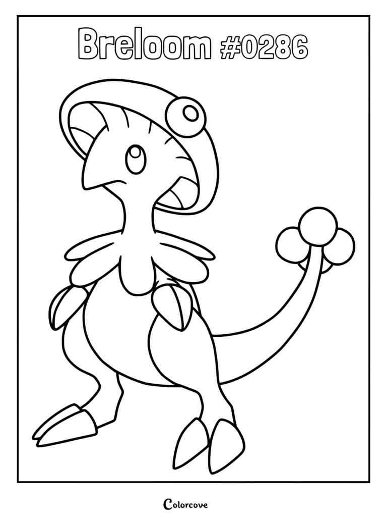 Breloom Pokemon Hoenn coloring page featuring the mushroom-capped fighter standing in a classic pose.