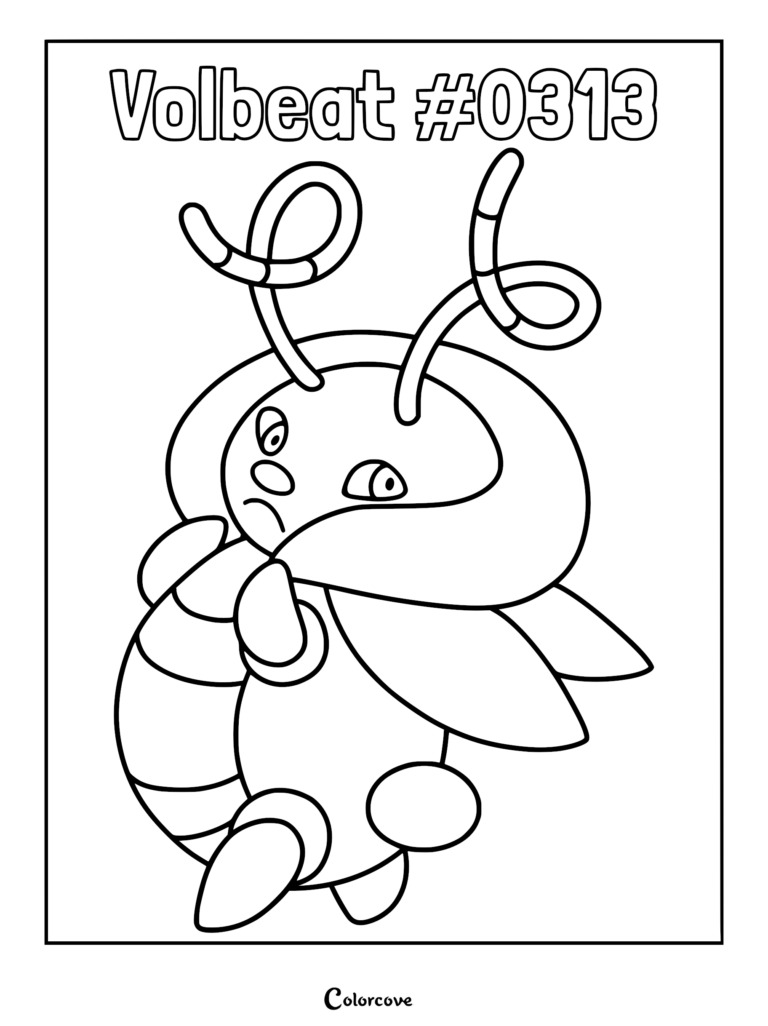 Volbeat #0313 Pokemon coloring page featuring the firefly-like creature with long antennae and a rounded body.