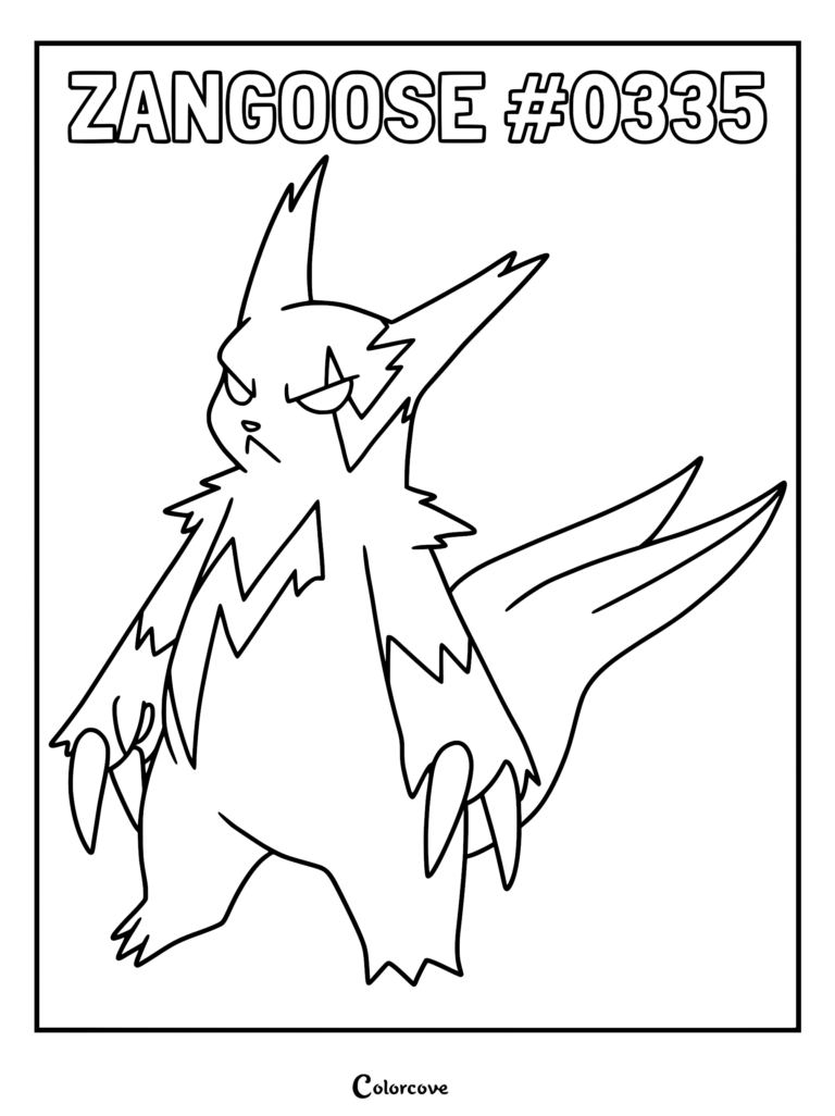 Zangoose #0335 standing in a fierce pose, detailed line art coloring page of the Hoenn region Pokemon.