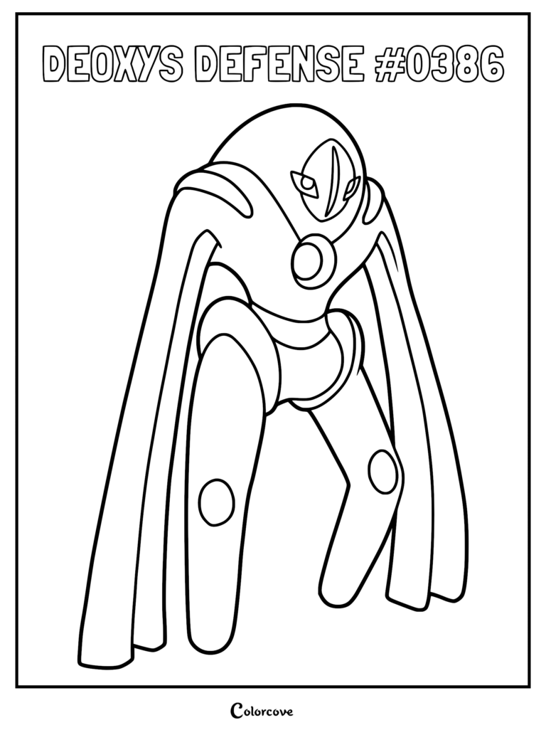 Deoxys Defense Forme #0386 standing in a sturdy pose, line art coloring page for kids.