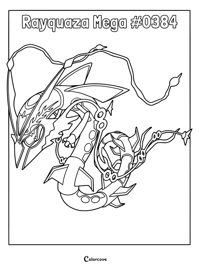 A detailed Mega Rayquaza coloring page featuring the legendary Hoenn Pokemon with its signature long, serpentine body and flowing tendrils.