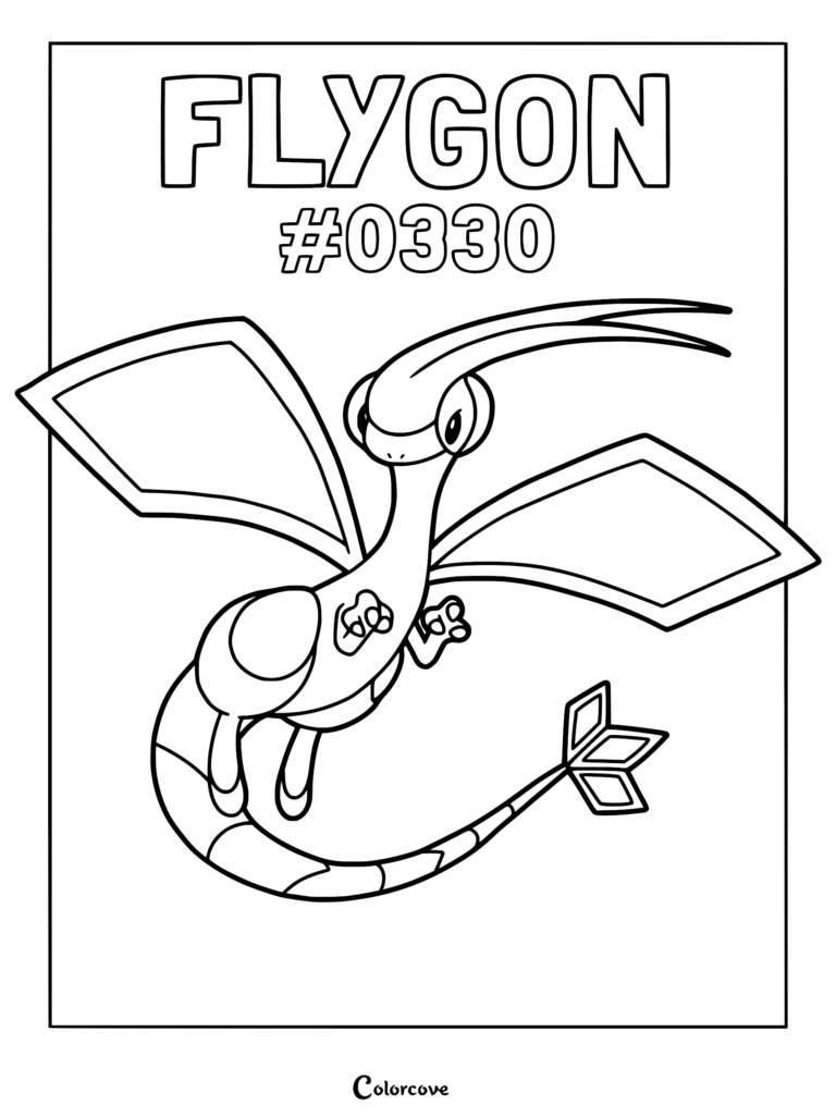 Flygon Pokemon #0330 line art coloring page featuring the dragon-type creature with large wings and a segmented tail.