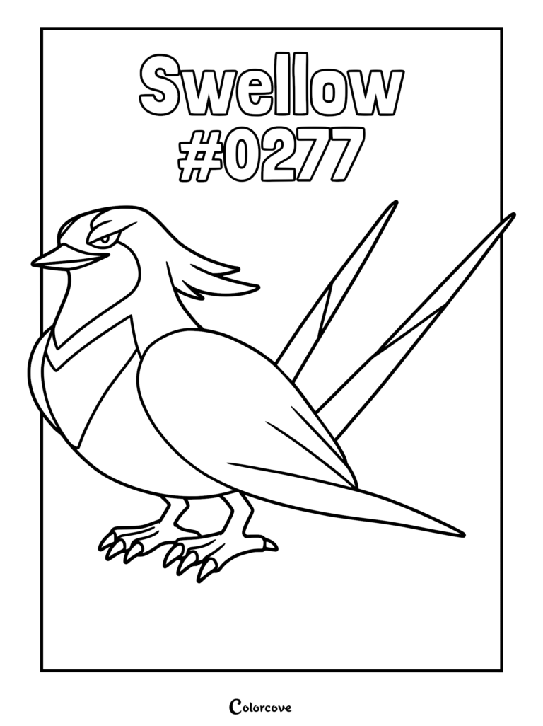 Swellow #0277 Pokemon coloring page featuring the bird character with sharp tail feathers and a determined expression.