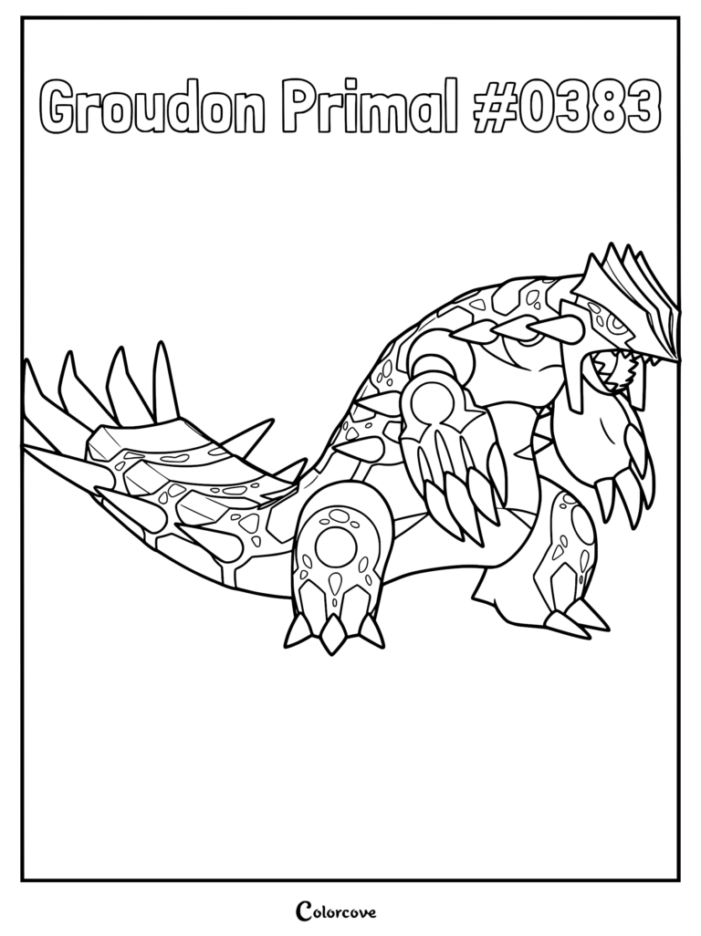 A detailed line art coloring page of Primal Groudon #0383 showing its massive spiked tail and armored body.