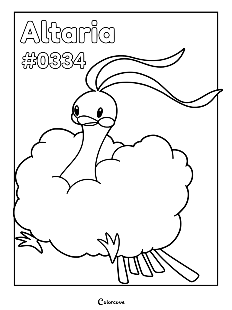 A printable coloring page featuring Altaria with its signature cloud-like wings and long flowing head feathers.