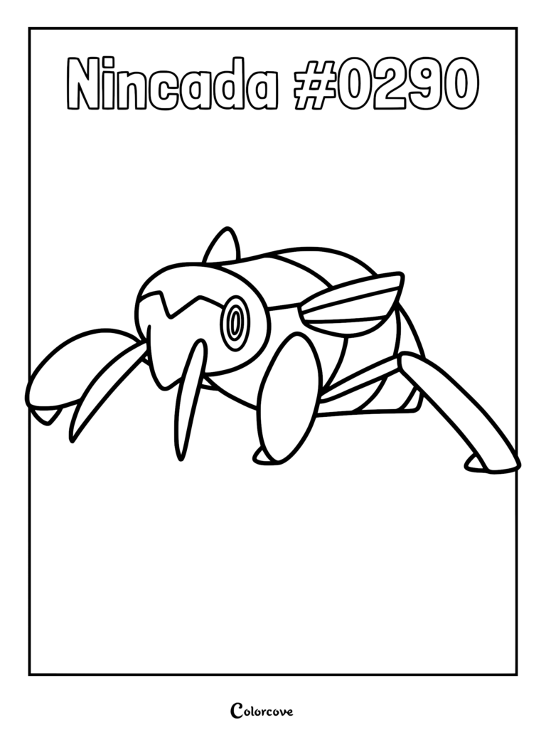Nincada #0290 Pokemon Hoenn coloring page featuring the bug-type creature with its distinct claws and segmented body.