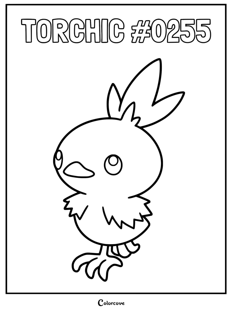 A simple line art coloring page of the Hoenn starter Pokemon Torchic #0255 standing and looking upward.