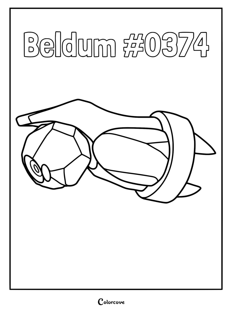 A clean line art coloring page of the steel-type Pokemon Beldum #0374, showing its metallic, robotic body and single eye.