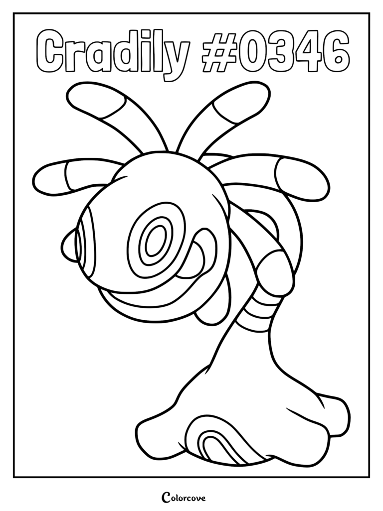 Cradily #0346 Pokemon Hoenn coloring page featuring the barnacle-like creature with eight long tentacles and a wide, circular eye pattern.