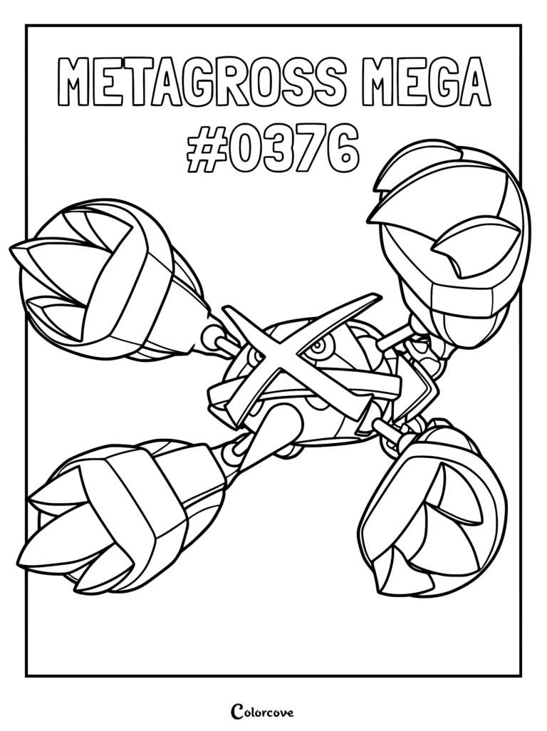 Mega Metagross #0376 Pokemon coloring page featuring the powerful steel and psychic type in a dynamic pose