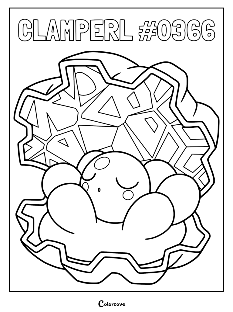 Clamperl resting inside its jagged, geometric open shell in this printable Pokemon coloring page.