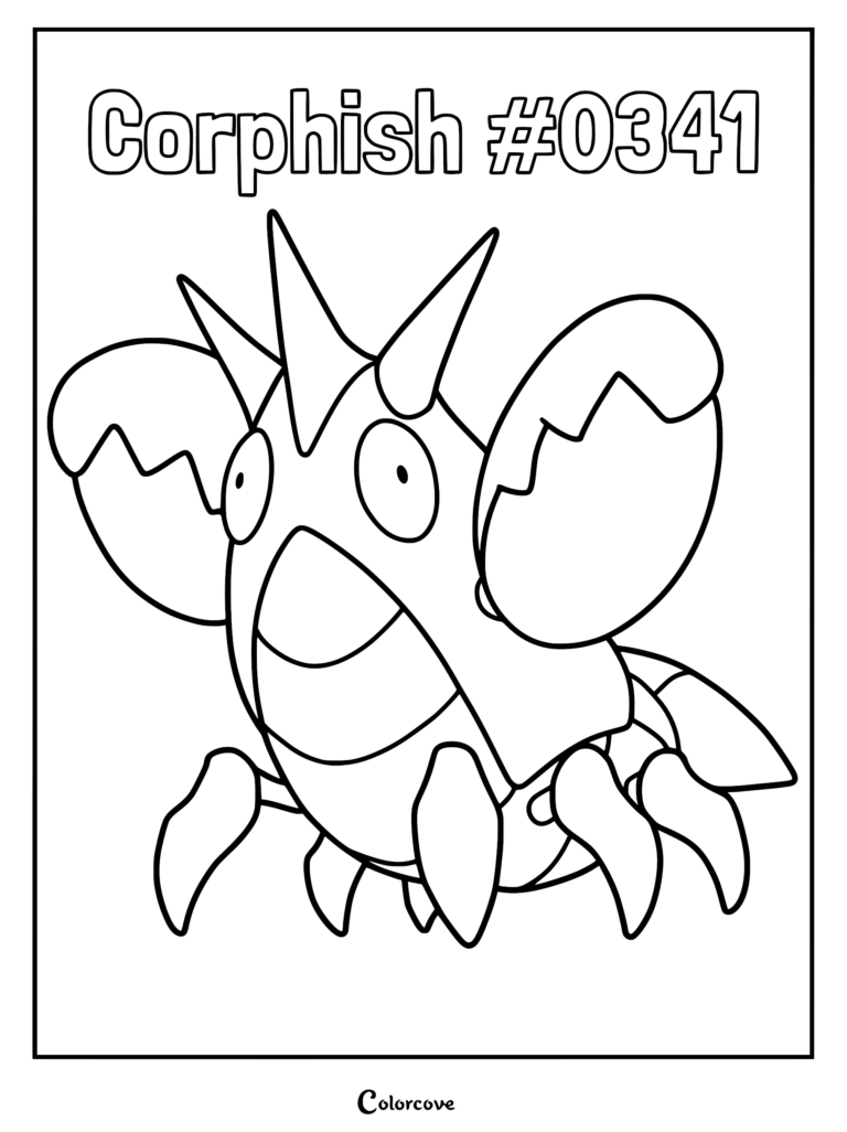 A printable coloring page featuring Corphish #0341 with its signature large claws and three-pointed head crest.