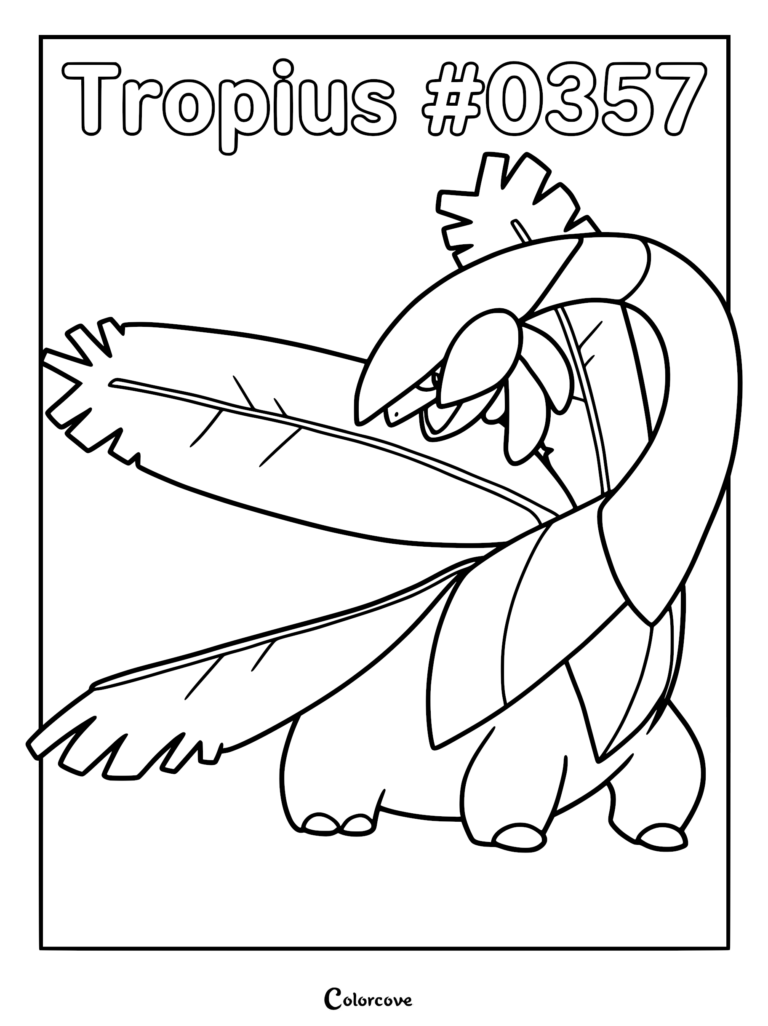 Tropius #0357 coloring page featuring the Hoenn region Pokemon with large leaf wings and banana-like chin fruit.
