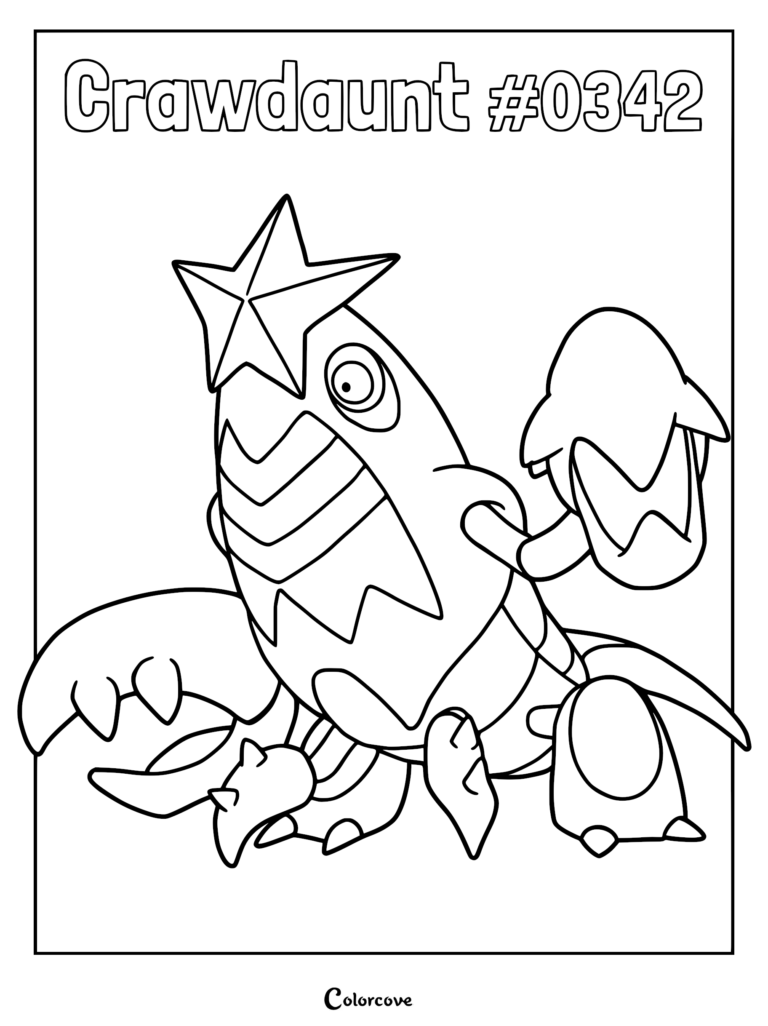 Crawdaunt Pokemon #0342 with a star on its head and large claws in a printable coloring page format.