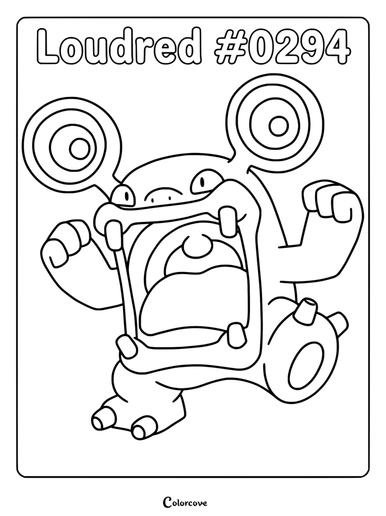 Loudred #0294 with large speaker ears and open mouth in a printable coloring page format.