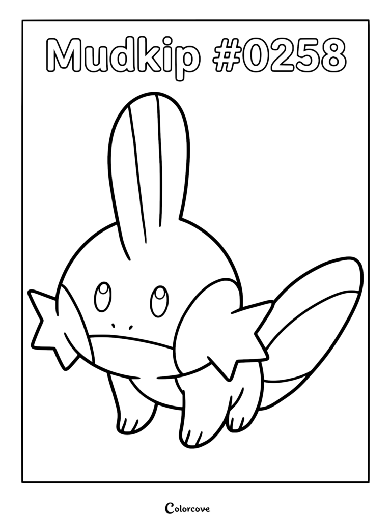 A clean line art coloring page featuring the Hoenn Pokemon Mudkip #0258 with its signature head fin and star-shaped cheek gills.